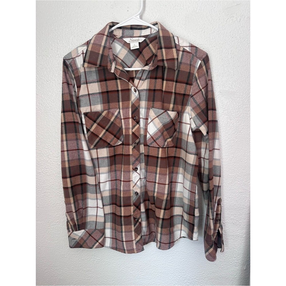 Natural Reflections Women’s Medium Brown White Plaid Button Up Fall Flannel